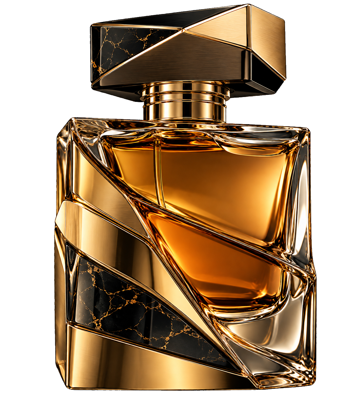 Faceted gold and black marble perfume bottle filled with amber parfum, no branding