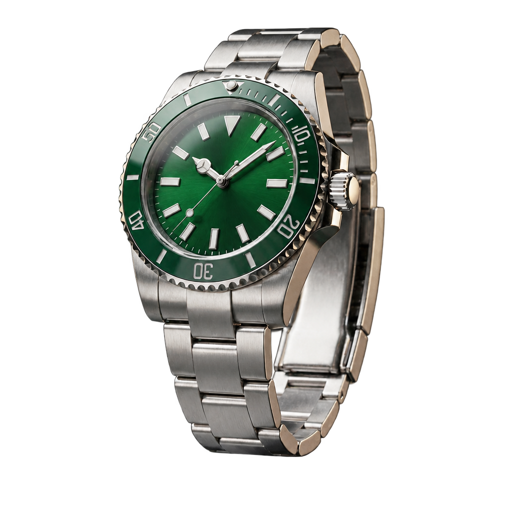 Luxury dive watch with a green bezel and green dial, no branding